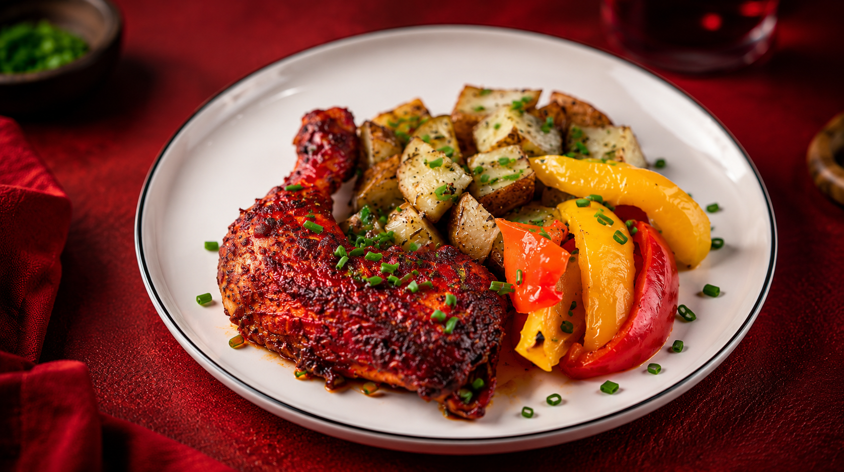 Tandoori chicken, roast potatoes and bell peppers